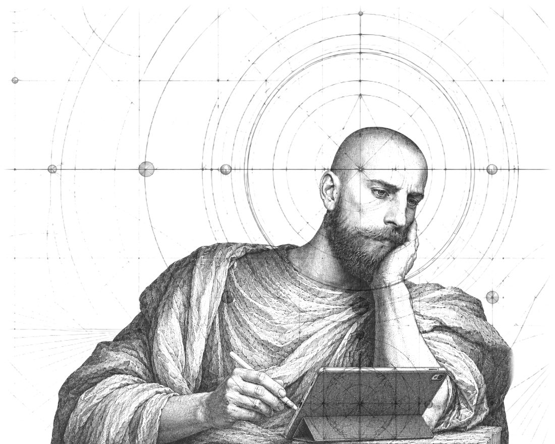 Engraving of a thinker with a tablet, inscribed with construction circles